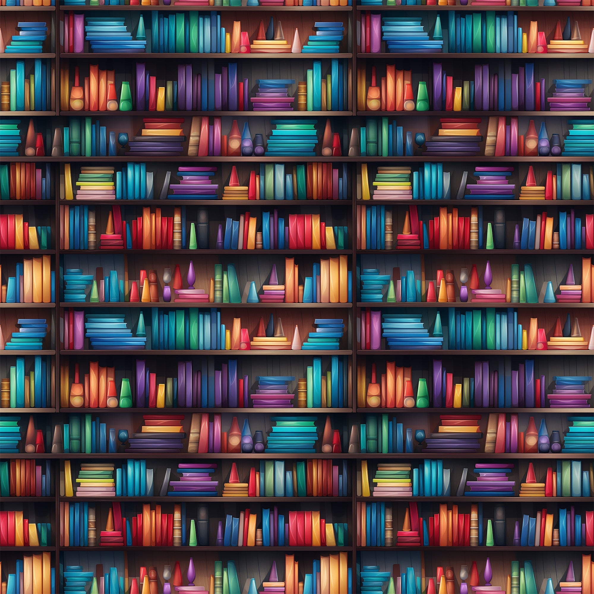 bookshelf pattern, library theme, colorful books, rainbow spines, reading motif,, fabric panel, vibrant colors, blue books, red books, green books, purple books, yellow books, orange books, wooden shelves, literary design, book lover, educational theme, bright palette, repeating pattern