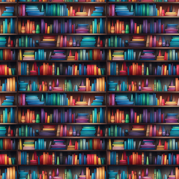 bookshelf pattern, library theme, colorful books, rainbow spines, reading motif,, fabric panel, vibrant colors, blue books, red books, green books, purple books, yellow books, orange books, wooden shelves, literary design, book lover, educational theme, bright palette, repeating pattern
