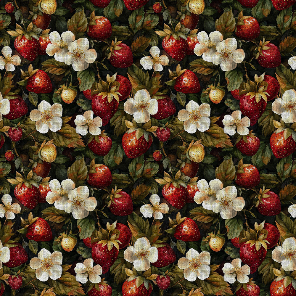strawberry, cream white, forest green, burgundy red, rust orange, floral, botanical, vintage, farmhouse, rustic, elegant, nature, strawberry flowers, white blossoms, garden, spring, summer, cottage core, traditional, romantic, classic, berries, leaves, fruit pattern, heritage, timeless, homemade charm, country style, natural, detailed illustration