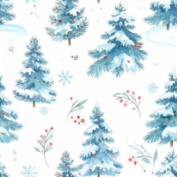 winter trees, snowy evergreens, teal blue, white, red berries, snowflakes, winter forest, holiday, christmas, nature, botanical, watercolor, soft blue, icy blue, festive, whimsical, rustic, traditional, winter wonderland, pine trees, snow-covered trees, holly berries, seasonal, december, cold weather, woodland, frozen landscape, peaceful, serene, winter themed