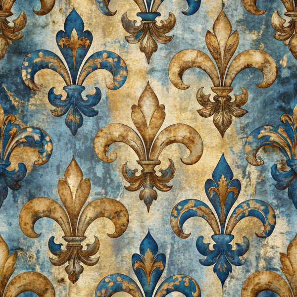 deep blue, gold, cream, antique gold, weathered finish, fleur de lis, damask, ornate, baroque, vintage, elegant, traditional, royal, french inspired, distressed, patina, luxury, regal, heraldic, decorative, classic, ornamental, timeless, sophisticated, gothic revival, old world, heritage, aristocratic