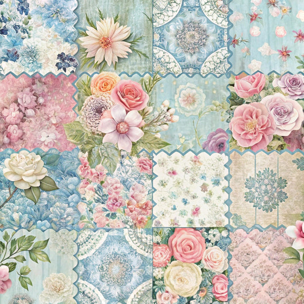 spring patchwork,, fabric panel, floral motifs, roses, peonies, dahlia flowers, pastel colors, soft pink, powder blue, cream white, lavender purple, scalloped edges, vintage botanical, shabby chic, cottage core, hexagon patches, romantic florals, delicate blooms, watercolor effect