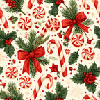 red and white, candy cane, peppermint, holly, evergreen, festive, christmas, holiday, traditional, whimsical, candy motif, striped candy, red bows, pine branches, berries, gold accents, cream background, vintage christmas, classic holiday, seasonal, decorative stars, festive pattern, winter celebration, red and green, traditional christmas, candy swirl, cheerful, nostalgic, retro holiday