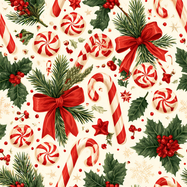 red and white, candy cane, peppermint, holly, evergreen, festive, christmas, holiday, traditional, whimsical, candy motif, striped candy, red bows, pine branches, berries, gold accents, cream background, vintage christmas, classic holiday, seasonal, decorative stars, festive pattern, winter celebration, red and green, traditional christmas, candy swirl, cheerful, nostalgic, retro holiday