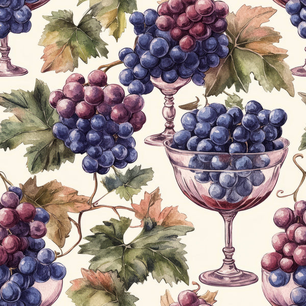 grapes, wine glasses, vineyard, watercolor style, purple grapes, blue grapes, green leaves, autumn leaves, botanical pattern, wine theme, fruit motif,, fabric panel, harvest season, grapevines, wine goblets, nature design, organic pattern, vineyard scene, wine country