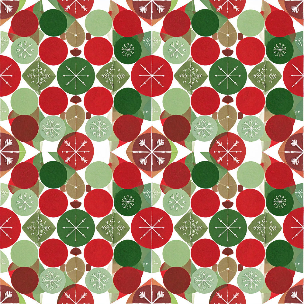 christmas, holiday, festive, red, forest green, dark green, sage green, light green, tan, brown, geometric, snowflakes, ornaments, baubles, mid-century modern, retro, vintage, winter, seasonal, geometric snowflakes, decorative circles, diamond shapes, traditional holiday, elegant, sophisticated, home decor, modern geometric, scandinavian, festive decor, holiday themed