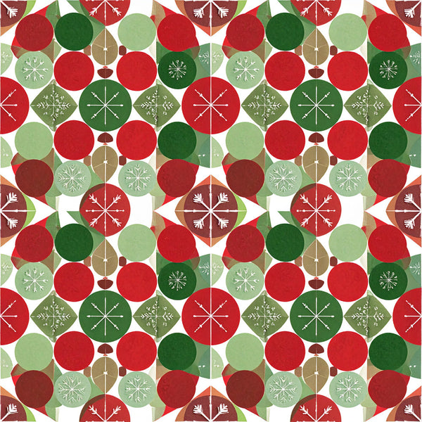 christmas, holiday, festive, red, forest green, dark green, sage green, light green, tan, brown, geometric, snowflakes, ornaments, baubles, mid-century modern, retro, vintage, winter, seasonal, geometric snowflakes, decorative circles, diamond shapes, traditional holiday, elegant, sophisticated, home decor, modern geometric, scandinavian, festive decor, holiday themed