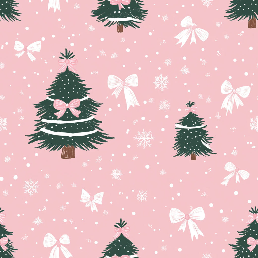 pink background, christmas trees, white bows, pink bows, snowflakes, winter pattern, festive design, holiday motif,, fabric panel, evergreen trees, ribbon bows, snow dots, christmas decor, seasonal fabric, soft pink, forest green, white accents, repeating pattern, holiday quilting