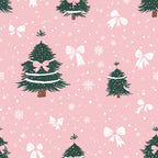pink background, christmas trees, white bows, pink bows, snowflakes, winter pattern, festive design, holiday motif,, fabric panel, evergreen trees, ribbon bows, snow dots, christmas decor, seasonal fabric, soft pink, forest green, white accents, repeating pattern, holiday quilting