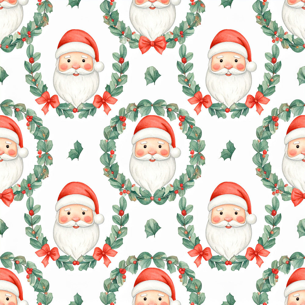 santa face, holly leaves, red berries, christmas, holiday, festive, whimsical, traditional, cute, cheerful, cream white, red, forest green, coral pink, rosy cheeks, jolly, seasonal, winter, decorative bows, holly wreath, nostalgic, vintage christmas, playroom, kids room, nursery, cheerful characters, festive design, december, yuletide