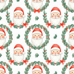 santa face, holly leaves, red berries, christmas, holiday, festive, whimsical, traditional, cute, cheerful, cream white, red, forest green, coral pink, rosy cheeks, jolly, seasonal, winter, decorative bows, holly wreath, nostalgic, vintage christmas, playroom, kids room, nursery, cheerful characters, festive design, december, yuletide