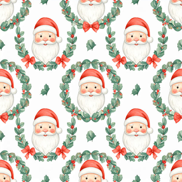 santa face, holly leaves, red berries, christmas, holiday, festive, whimsical, traditional, cute, cheerful, cream white, red, forest green, coral pink, rosy cheeks, jolly, seasonal, winter, decorative bows, holly wreath, nostalgic, vintage christmas, playroom, kids room, nursery, cheerful characters, festive design, december, yuletide