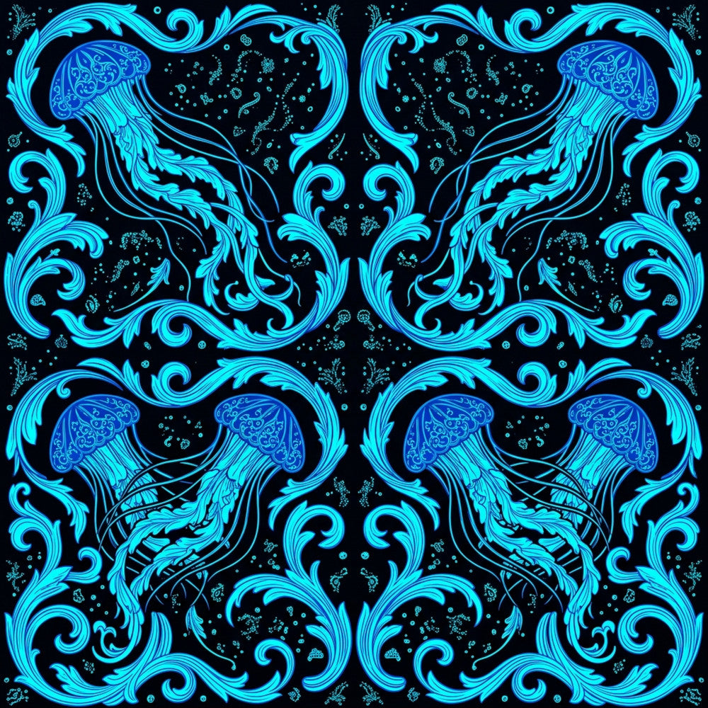 cyan blue, neon blue, electric blue, bright blue, deep navy, black background, jellyfish, ocean creatures, sea life, nautical, underwater theme, baroque, ornate, swirling patterns, decorative scrolls, elegant, whimsical, fantastical, cosmic, starry, bubbles, bioluminescent, modern, contemporary, aquatic, marine, kids room, playroom, boys room, girls room