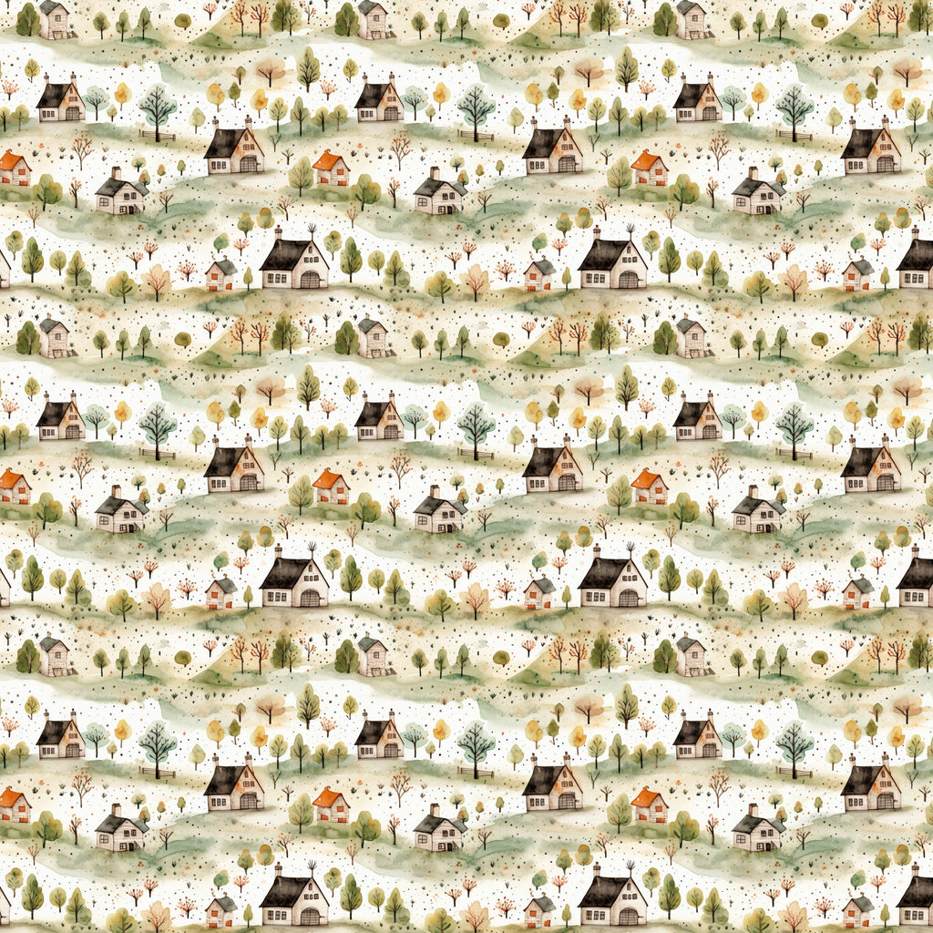 countryside houses, rolling hills, autumn trees, muted greens, warm browns, soft beiges, rustic cottages, pastoral landscape, watercolor style,, fabric panel, repetitive pattern, rural scenery, cozy homes, nature motif, earth tones, whimsical illustration, seasonal foliage, scattered dots, vintage aesthetic