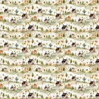 countryside houses, rolling hills, autumn trees, muted greens, warm browns, soft beiges, rustic cottages, pastoral landscape, watercolor style,, fabric panel, repetitive pattern, rural scenery, cozy homes, nature motif, earth tones, whimsical illustration, seasonal foliage, scattered dots, vintage aesthetic