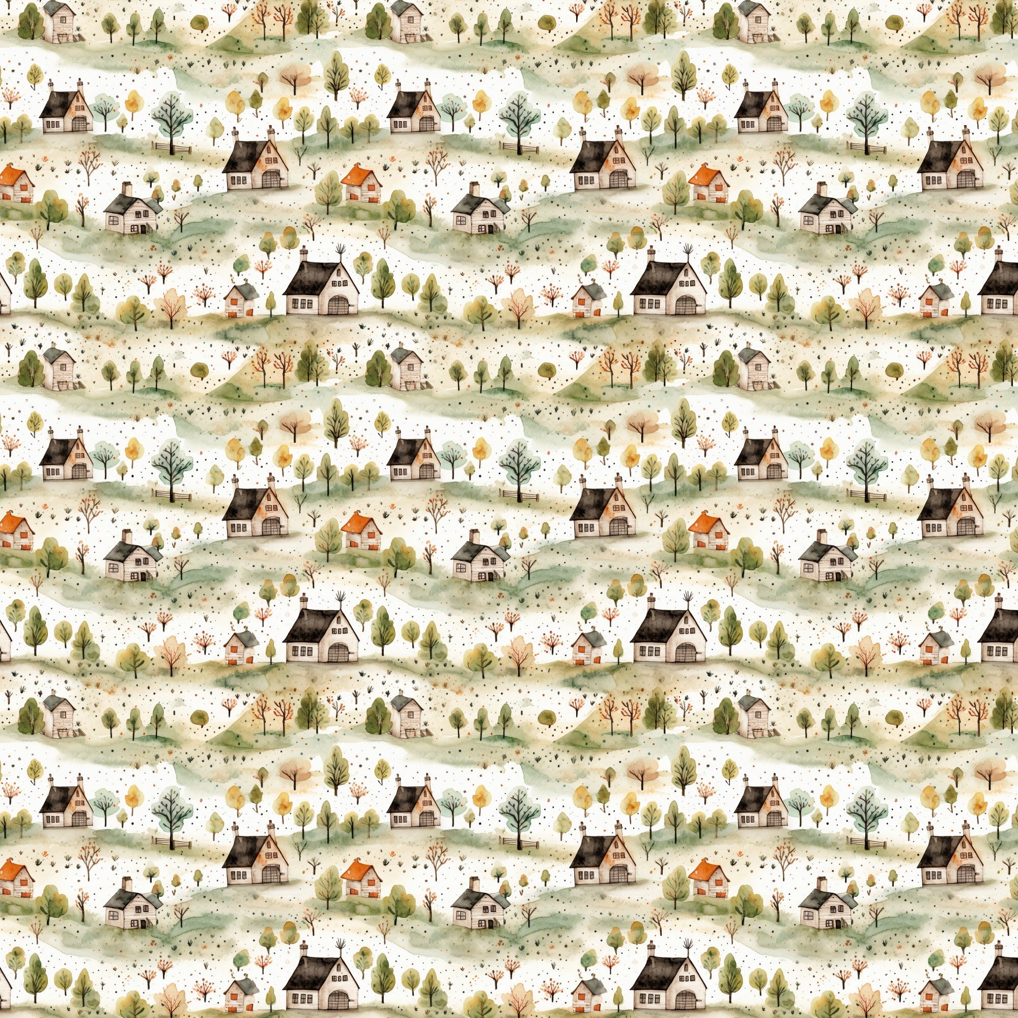 countryside houses, rolling hills, autumn trees, muted greens, warm browns, soft beiges, rustic cottages, pastoral landscape, watercolor style,, fabric panel, repetitive pattern, rural scenery, cozy homes, nature motif, earth tones, whimsical illustration, seasonal foliage, scattered dots, vintage aesthetic