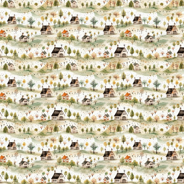 countryside houses, rolling hills, autumn trees, muted greens, warm browns, soft beiges, rustic cottages, pastoral landscape, watercolor style,, fabric panel, repetitive pattern, rural scenery, cozy homes, nature motif, earth tones, whimsical illustration, seasonal foliage, scattered dots, vintage aesthetic