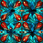 stained glass, christmas pattern,, fabric panel, turquoise blue, coral red, teal green, geometric flowers, kaleidoscope design, symmetrical pattern, floral motifs, decorative glass, holiday fabric, intricate details, mosaic style, ornamental design, winter theme, festive colors, repeating pattern