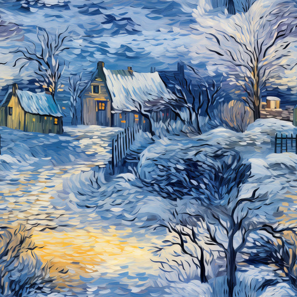 winter scene, snow covered, blue tones, golden yellow, white snow, rural landscape, cottage houses, bare trees, swirling sky, evening light,, fabric panel, painterly style, impressionistic, cozy atmosphere, winter village, flowing brushstrokes, warm windows, peaceful mood, seasonal design