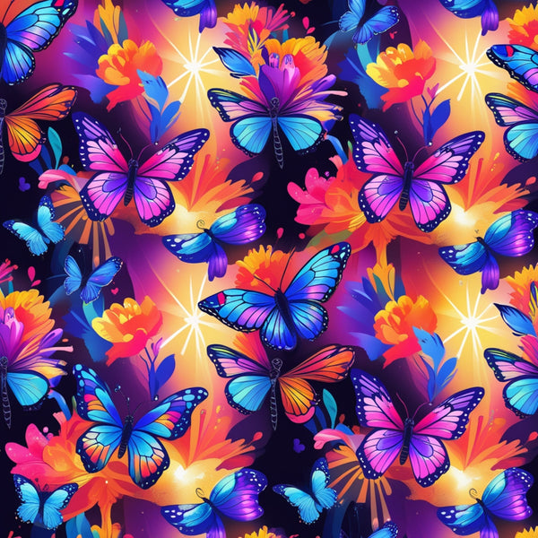 vibrant butterflies, purple wings, blue butterflies, pink flowers, orange blooms, tropical colors, fantasy pattern,, fabric panel, floral background, iridescent wings, bright gradient, magical theme, nature motifs, colorful blooms, butterfly wings, vivid purples, electric blues, coral pink, sunset colors