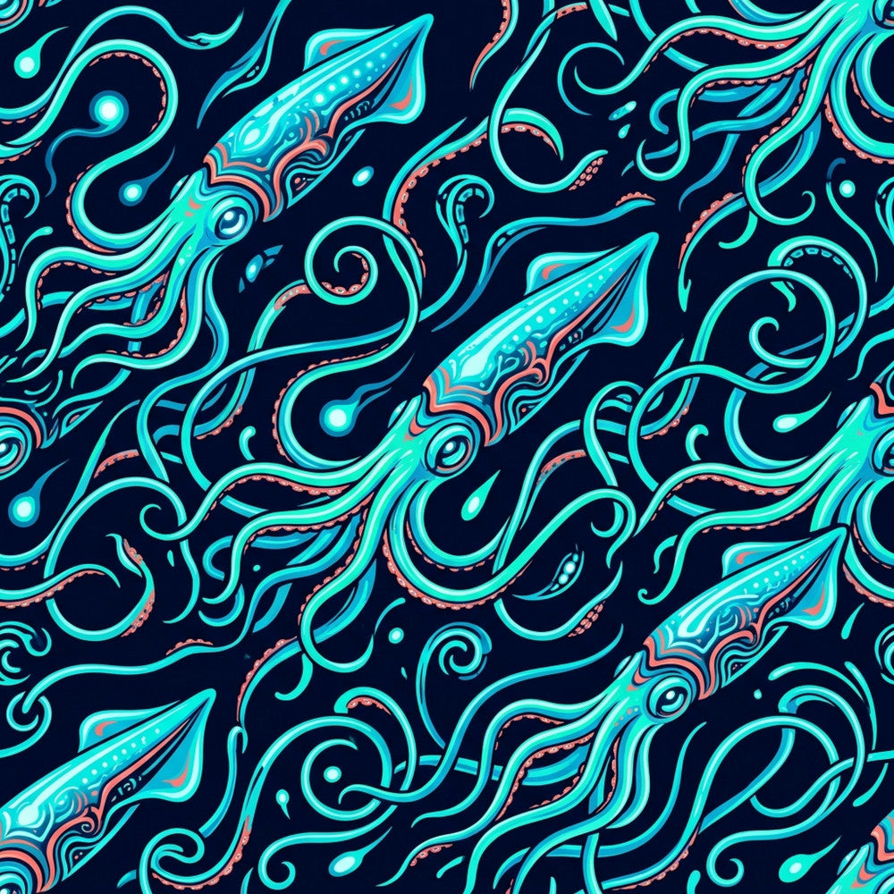 cyan, turquoise, neon blue, navy blue, coral pink, electric blue, glow-in-the-dark, bioluminescent, abstract, swirls, tentacles, squid, octopus, sea creatures, marine, ocean, underwater, nautical, futuristic, modern, psychedelic, whimsical, bold, vibrant, neon aesthetic, sci-fi, cosmic, playroom, kids room, boy nursery
