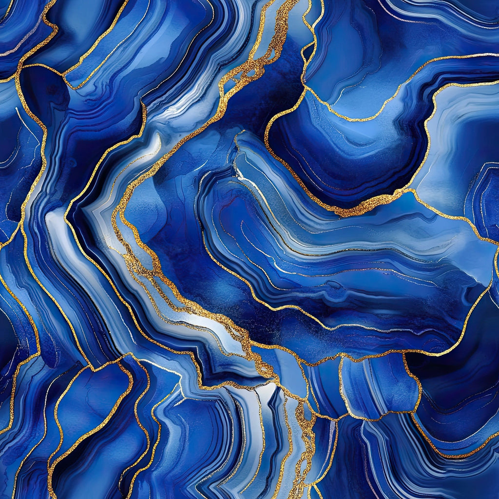royal blue, gold, navy blue, sapphire blue, agate pattern, geode design, marbled texture, flowing lines, abstract swirls, mineral veins, stone texture,, fabric panel, luxurious, elegant, organic patterns, fluid design, metallic accents, natural stone, contemporary