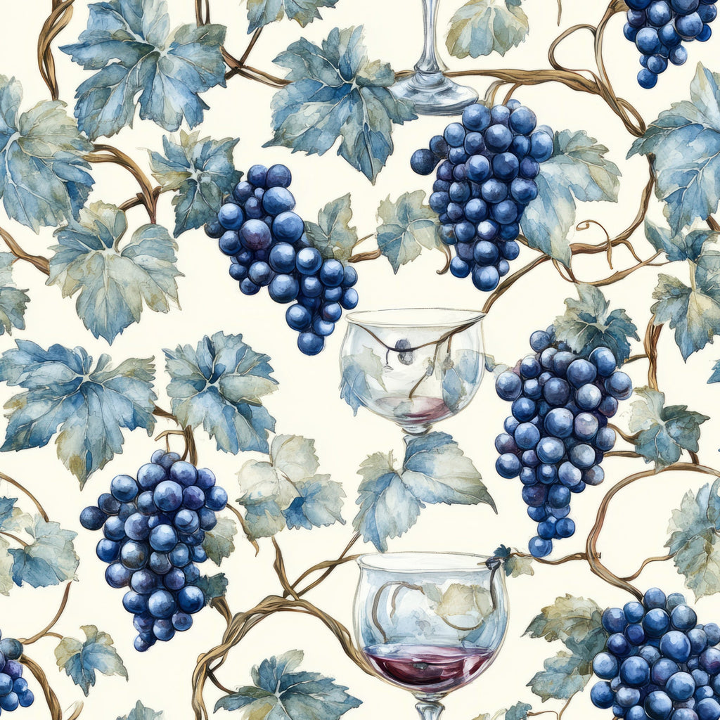 navy blue, cream background, grape clusters, wine glasses, grapevines, botanical leaves, blue grapes, watercolor style, vineyard theme,, fabric panel, wine motif, flowing vines, natural elements, repeating pattern, artistic illustration, deep blue tones, organic design, wine country