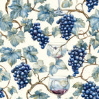 navy blue, cream background, grape clusters, wine glasses, grapevines, botanical leaves, blue grapes, watercolor style, vineyard theme,, fabric panel, wine motif, flowing vines, natural elements, repeating pattern, artistic illustration, deep blue tones, organic design, wine country