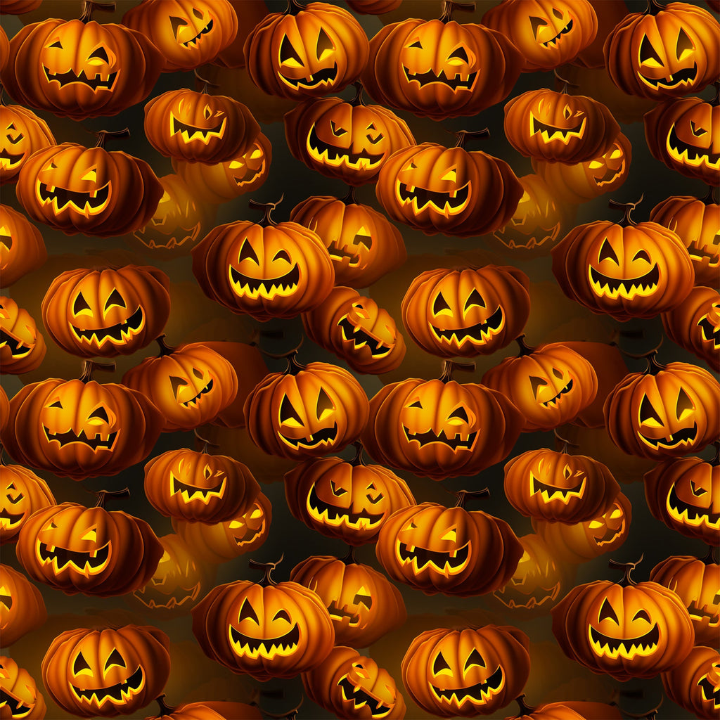 orange, black, jack-o'-lanterns, pumpkins, carved faces, spooky grins, halloween pattern, seamless repeat, glowing eyes, autumn colors,, fabric panel, scary expressions, festive design, seasonal motif, horror theme, carved pumpkins, illuminated faces, dark background, halloween decor