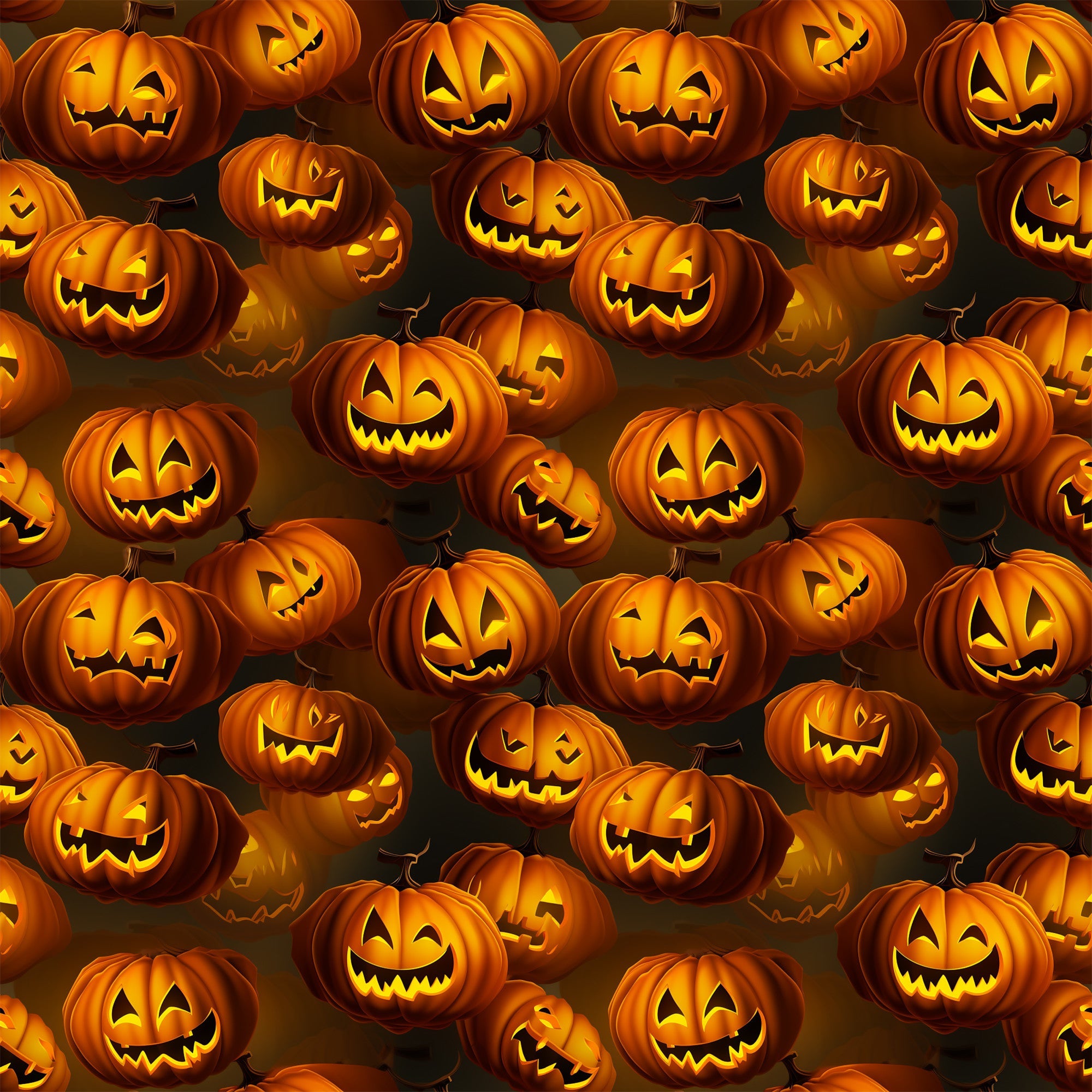 orange, black, jack-o'-lanterns, pumpkins, carved faces, spooky grins, halloween pattern, seamless repeat, glowing eyes, autumn colors,, fabric panel, scary expressions, festive design, seasonal motif, horror theme, carved pumpkins, illuminated faces, dark background, halloween decor