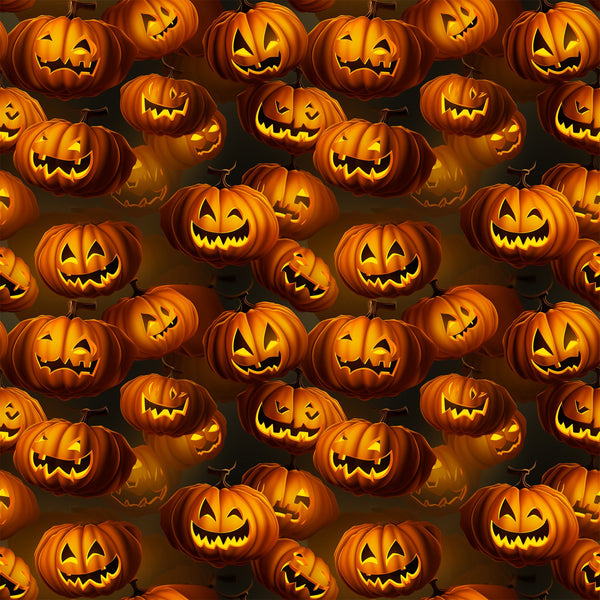 orange, black, jack-o'-lanterns, pumpkins, carved faces, spooky grins, halloween pattern, seamless repeat, glowing eyes, autumn colors,, fabric panel, scary expressions, festive design, seasonal motif, horror theme, carved pumpkins, illuminated faces, dark background, halloween decor