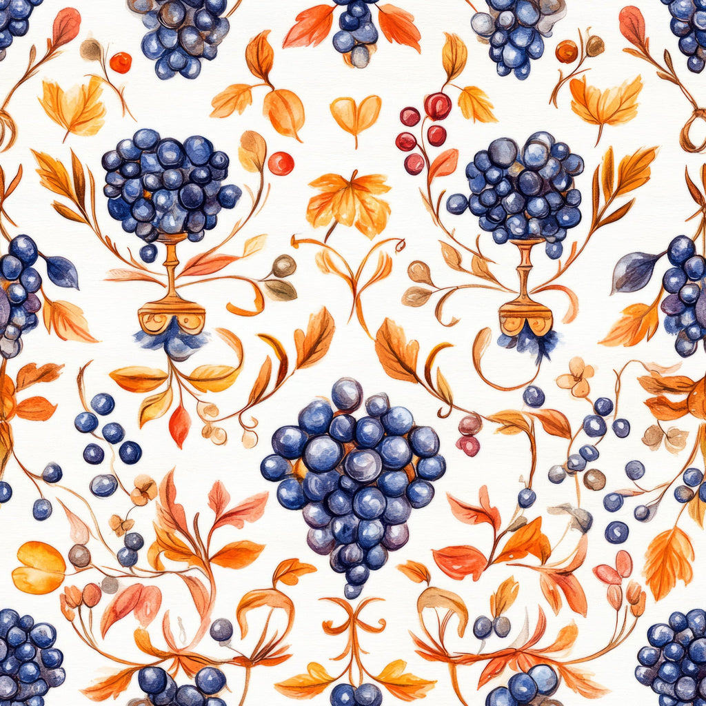 navy blue, orange, autumn leaves, grape clusters, vineyard motif, watercolor style, botanical pattern,, fabric panel, wine goblets, decorative vines, seasonal berries, warm earth tones, harvest theme, repeating design, flowing branches, fruit illustration, fall colors, ornamental pattern