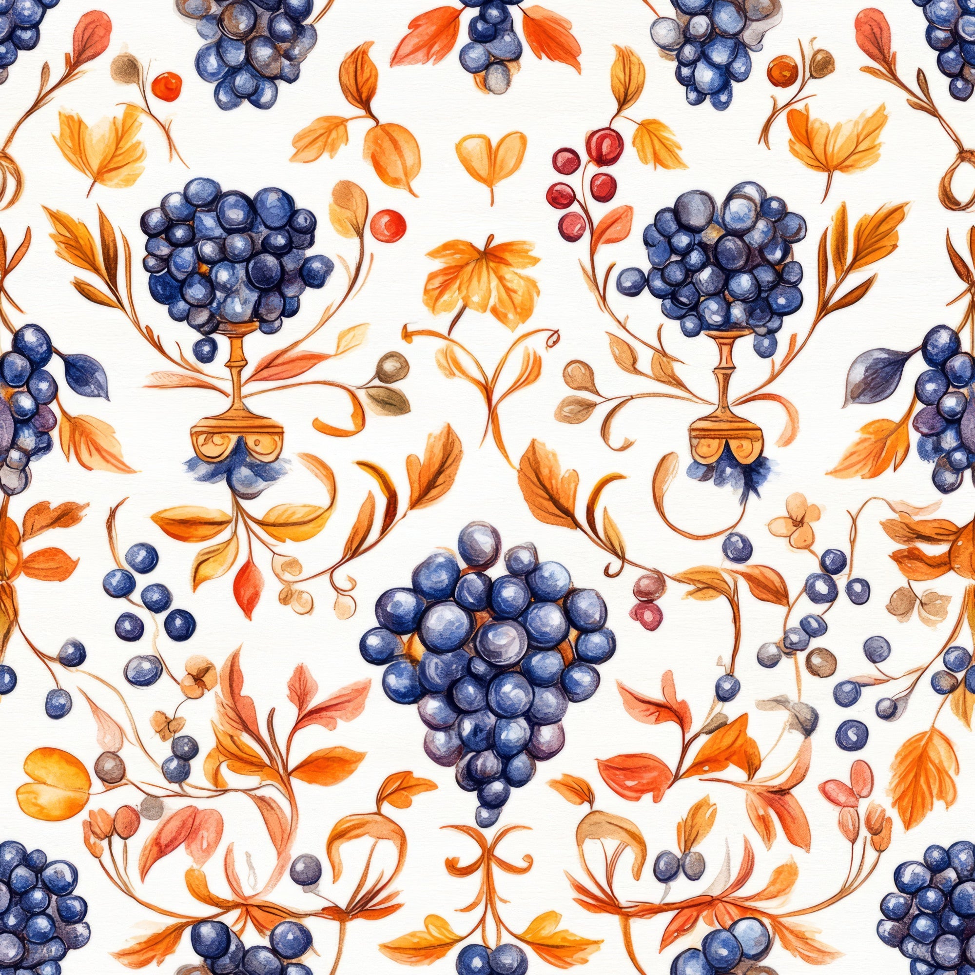 navy blue, orange, autumn leaves, grape clusters, vineyard motif, watercolor style, botanical pattern,, fabric panel, wine goblets, decorative vines, seasonal berries, warm earth tones, harvest theme, repeating design, flowing branches, fruit illustration, fall colors, ornamental pattern