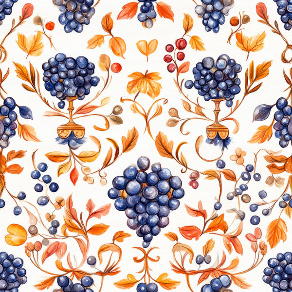 navy blue, orange, autumn leaves, grape clusters, vineyard motif, watercolor style, botanical pattern,, fabric panel, wine goblets, decorative vines, seasonal berries, warm earth tones, harvest theme, repeating design, flowing branches, fruit illustration, fall colors, ornamental pattern