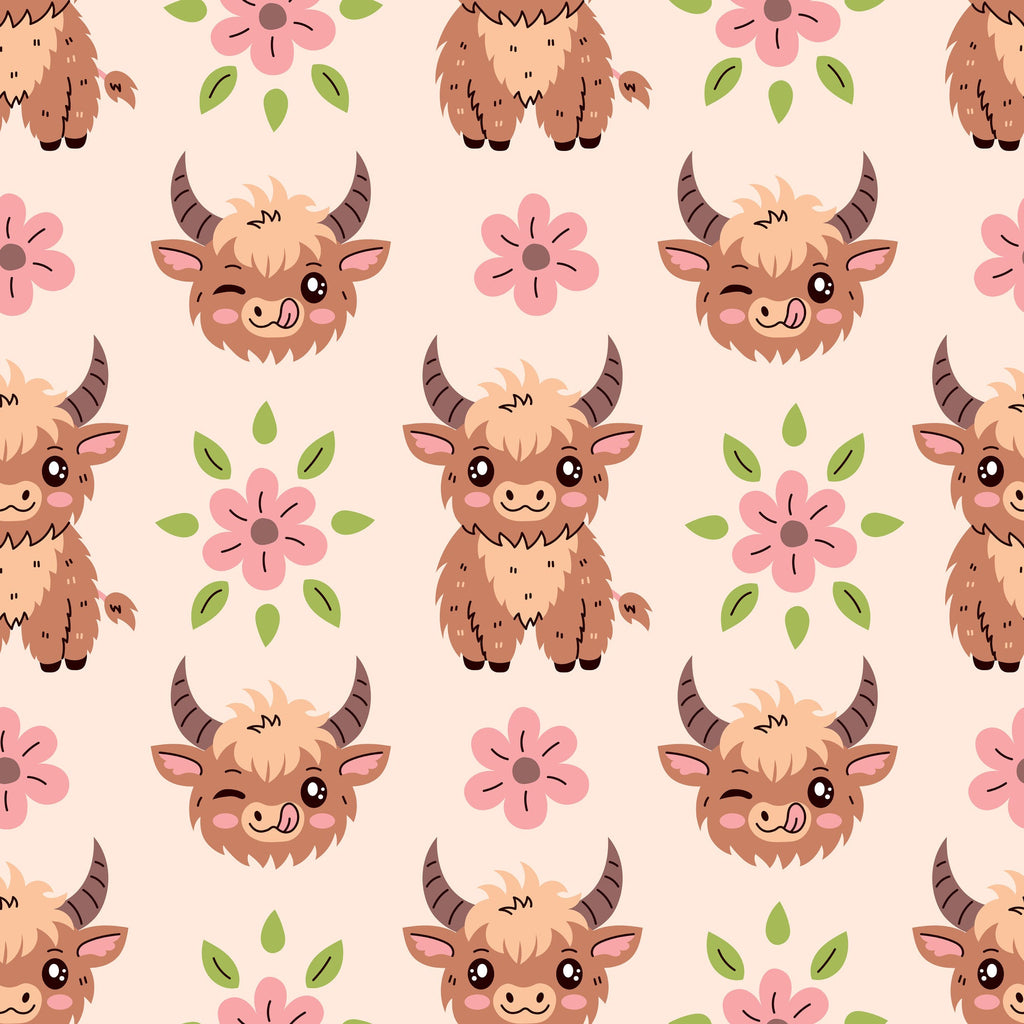 baby highland cows, kawaii style, cute animals, brown fur, pink flowers, green leaves, peach background, pastel colors, horned cattle, smiling faces, floral elements, repeating pattern, nursery theme, adorable characters,, fabric panel, soft palette, farm animals, whimsical design, children's fabric