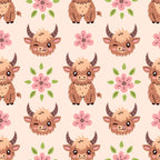 baby highland cows, kawaii style, cute animals, brown fur, pink flowers, green leaves, peach background, pastel colors, horned cattle, smiling faces, floral elements, repeating pattern, nursery theme, adorable characters,, fabric panel, soft palette, farm animals, whimsical design, children's fabric