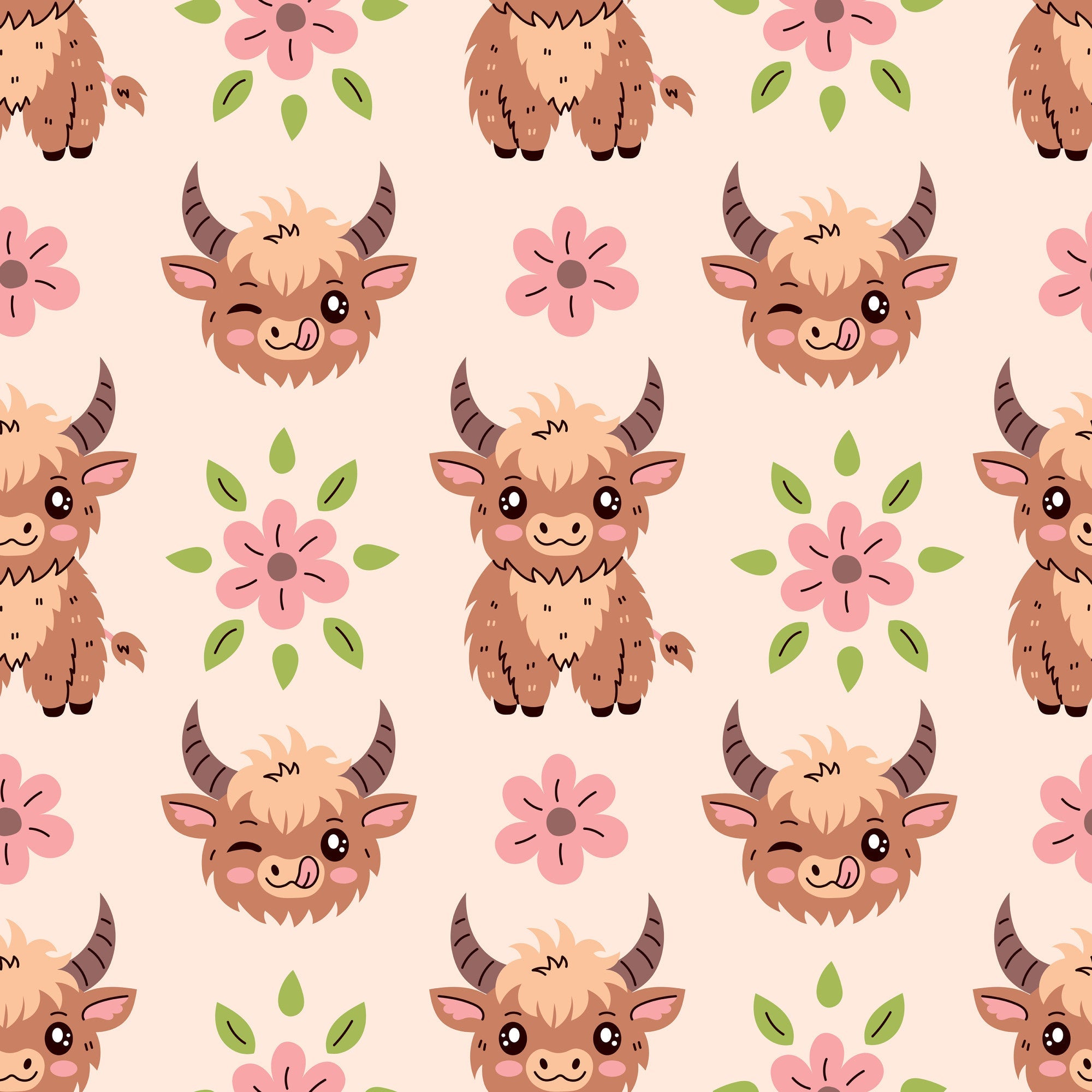baby highland cows, kawaii style, cute animals, brown fur, pink flowers, green leaves, peach background, pastel colors, horned cattle, smiling faces, floral elements, repeating pattern, nursery theme, adorable characters,, fabric panel, soft palette, farm animals, whimsical design, children's fabric