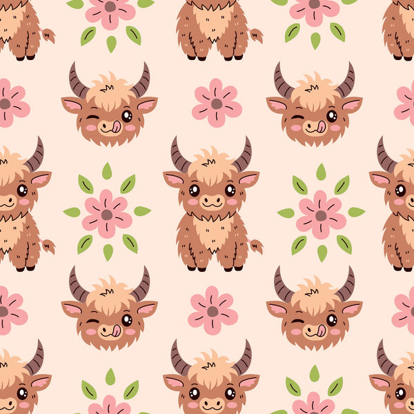 baby highland cows, kawaii style, cute animals, brown fur, pink flowers, green leaves, peach background, pastel colors, horned cattle, smiling faces, floral elements, repeating pattern, nursery theme, adorable characters,, fabric panel, soft palette, farm animals, whimsical design, children's fabric