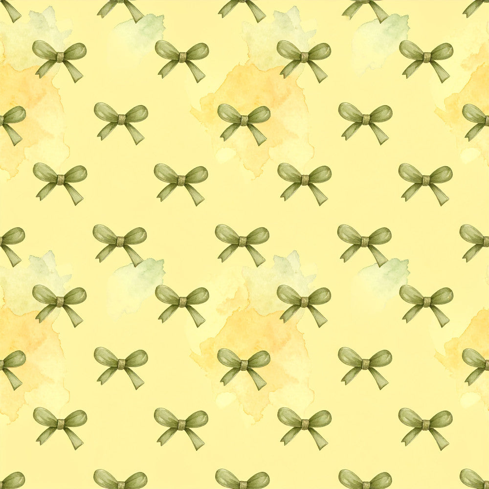 sage green, pale yellow, cream, soft yellow, bows, ribbons, watercolor, vintage, elegant, whimsical, spring, pastel, delicate, feminine, nursery, baby girl, baby shower, gift, soft, gentle, classic, traditional, botanical, nature-inspired, decorative bows, ribbon pattern, light and airy, baby room, toddler, sweet