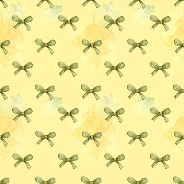 sage green, pale yellow, cream, soft yellow, bows, ribbons, watercolor, vintage, elegant, whimsical, spring, pastel, delicate, feminine, nursery, baby girl, baby shower, gift, soft, gentle, classic, traditional, botanical, nature-inspired, decorative bows, ribbon pattern, light and airy, baby room, toddler, sweet