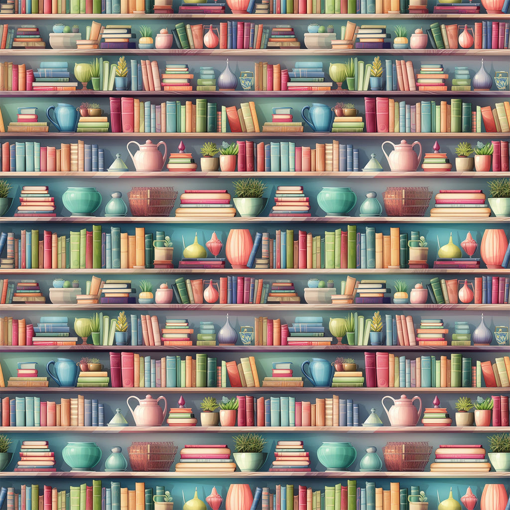 bookshelf pattern,, fabric panel, colorful books, pottery vases, potted plants, teapots, coffee mugs, library theme, reading motif, coral pink, sage green, turquoise blue, cream yellow, repeated pattern, cozy atmosphere, home library, ceramic objects, botanical elements, warm tones