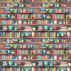 bookshelf pattern,, fabric panel, colorful books, pottery vases, potted plants, teapots, coffee mugs, library theme, reading motif, coral pink, sage green, turquoise blue, cream yellow, repeated pattern, cozy atmosphere, home library, ceramic objects, botanical elements, warm tones
