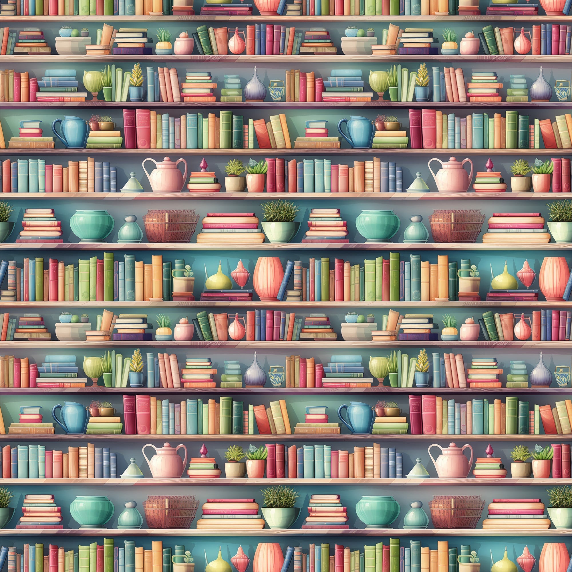 bookshelf pattern,, fabric panel, colorful books, pottery vases, potted plants, teapots, coffee mugs, library theme, reading motif, coral pink, sage green, turquoise blue, cream yellow, repeated pattern, cozy atmosphere, home library, ceramic objects, botanical elements, warm tones