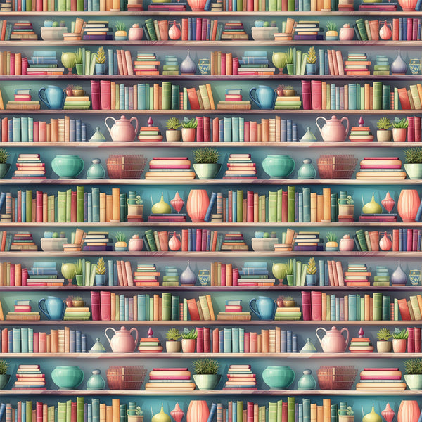 bookshelf pattern,, fabric panel, colorful books, pottery vases, potted plants, teapots, coffee mugs, library theme, reading motif, coral pink, sage green, turquoise blue, cream yellow, repeated pattern, cozy atmosphere, home library, ceramic objects, botanical elements, warm tones