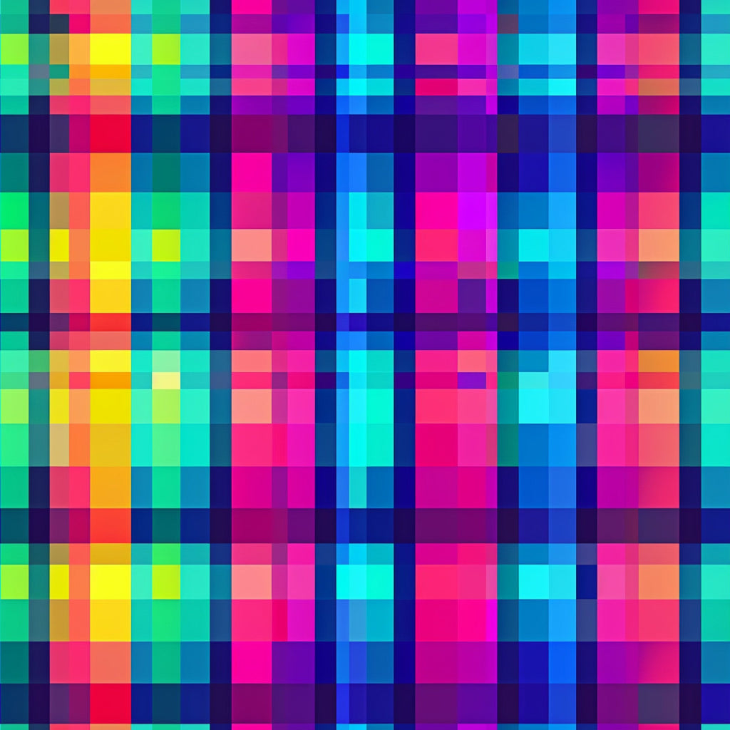 neon colors, bright pink, electric blue, lime green, yellow, orange, purple, cyan, gingham pattern, checkered design, pixelated effect, digital art style, geometric pattern, vibrant colors,, fabric panel, modern design, contemporary style, rainbow colors, square blocks