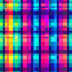neon colors, bright pink, electric blue, lime green, yellow, orange, purple, cyan, gingham pattern, checkered design, pixelated effect, digital art style, geometric pattern, vibrant colors,, fabric panel, modern design, contemporary style, rainbow colors, square blocks