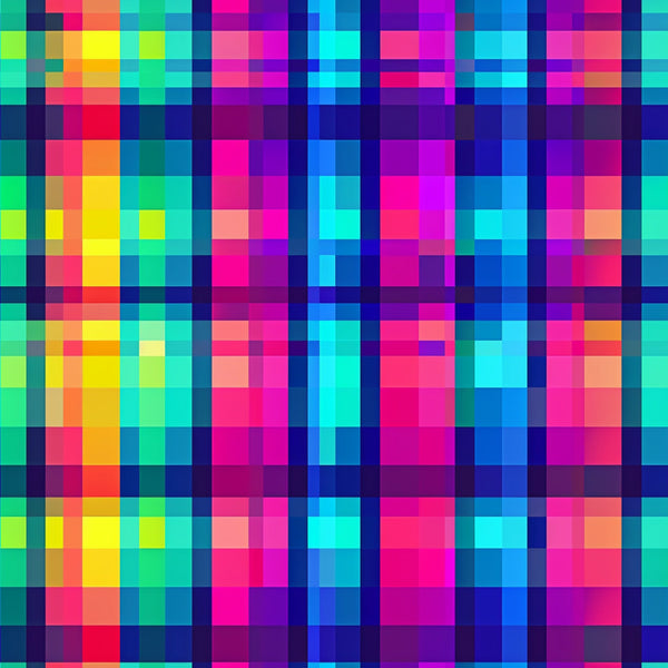neon colors, bright pink, electric blue, lime green, yellow, orange, purple, cyan, gingham pattern, checkered design, pixelated effect, digital art style, geometric pattern, vibrant colors,, fabric panel, modern design, contemporary style, rainbow colors, square blocks