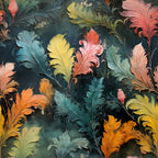 teal, coral, orange, yellow, sage green, feather motifs, plumage patterns, ornate leaves, acanthus scrollwork, baroque style, decorative flourishes, tropical foliage, autumn colors,, fabric panel, rich textures, flowing curves, botanical elements, layered design, warm palette