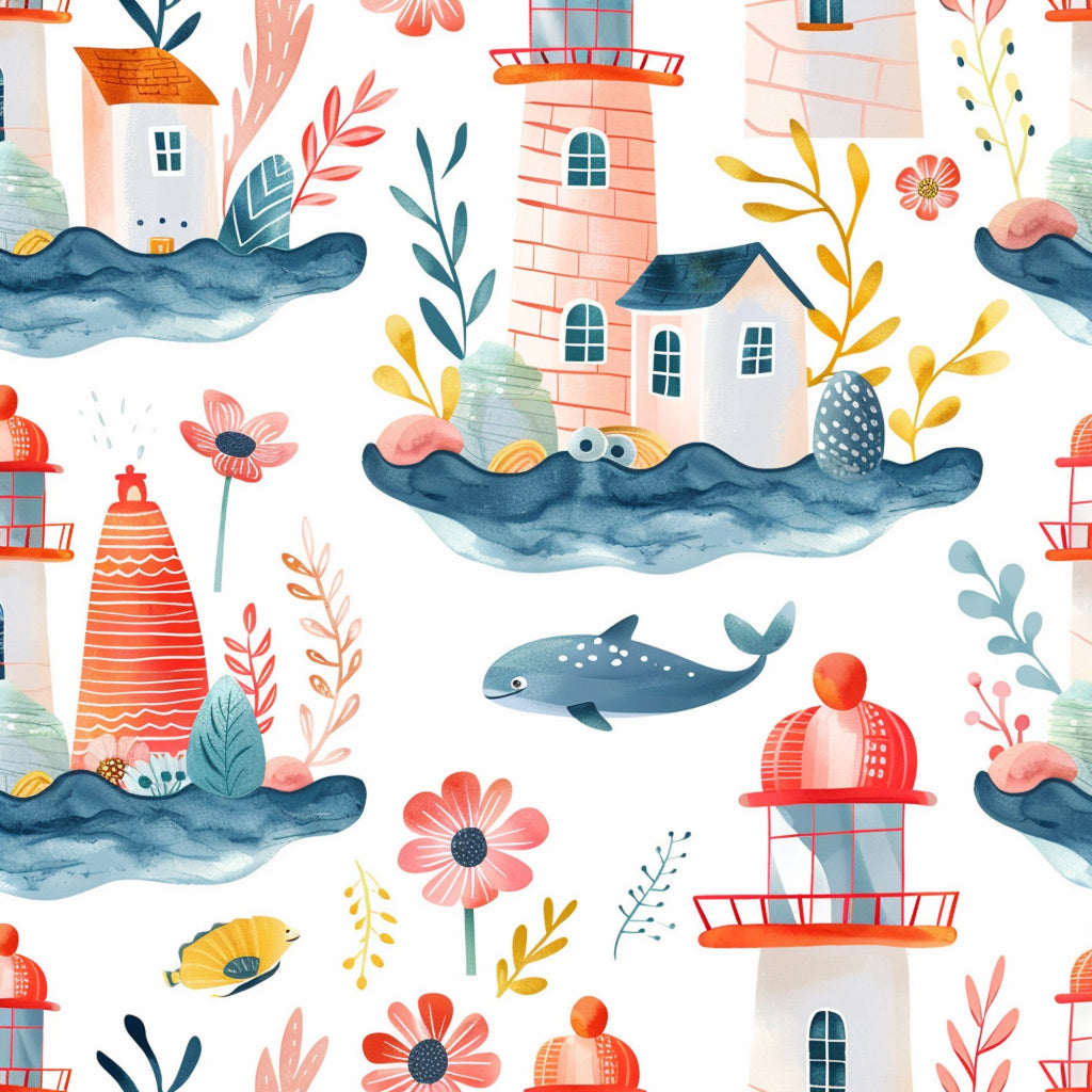 coral, navy blue, yellow, teal, watercolor style, lighthouse, whale, coastal houses, florals, botanical elements, spring theme, maritime scene,, fabric panel, whimsical illustration, seaside village, ocean waves, cheerful mood, repeating pattern, nautical motifs