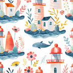 coral, navy blue, yellow, teal, watercolor style, lighthouse, whale, coastal houses, florals, botanical elements, spring theme, maritime scene,, fabric panel, whimsical illustration, seaside village, ocean waves, cheerful mood, repeating pattern, nautical motifs